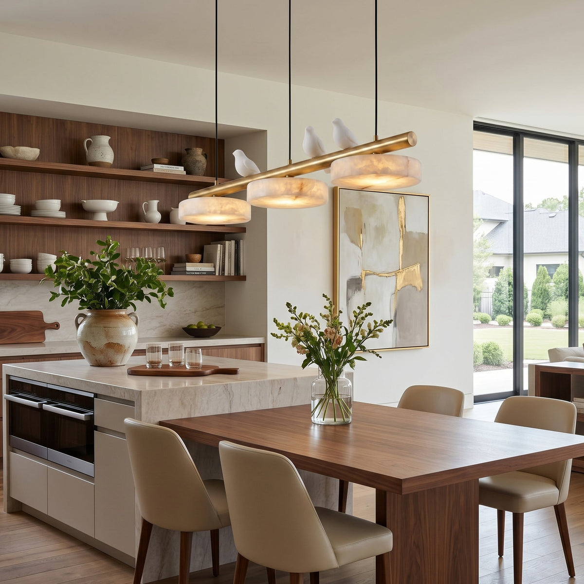 Sienna Bird Chandelier shown in a modern kitchen island setting.