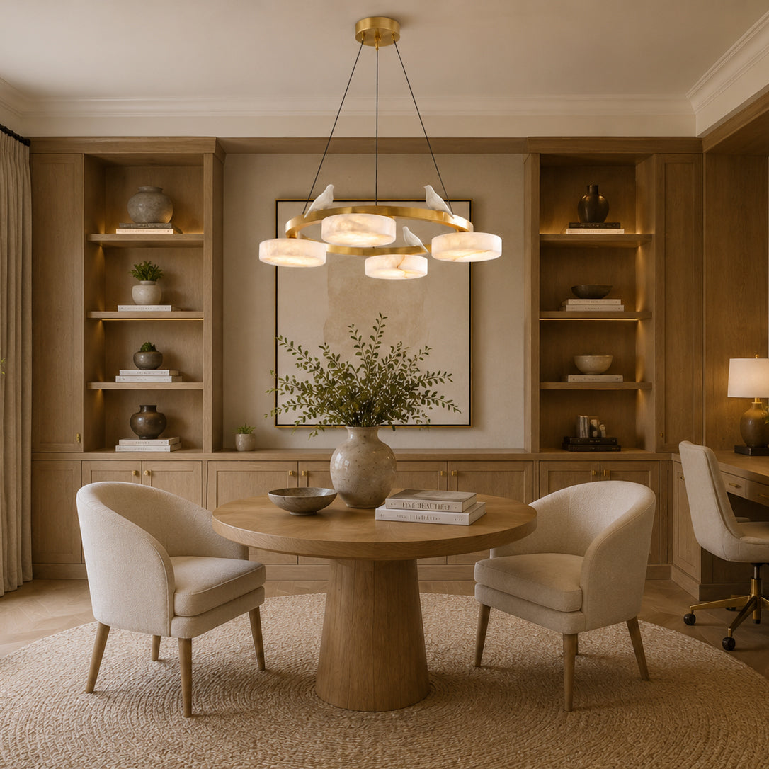 Sienna chandelier hanging in a modern living room setting.