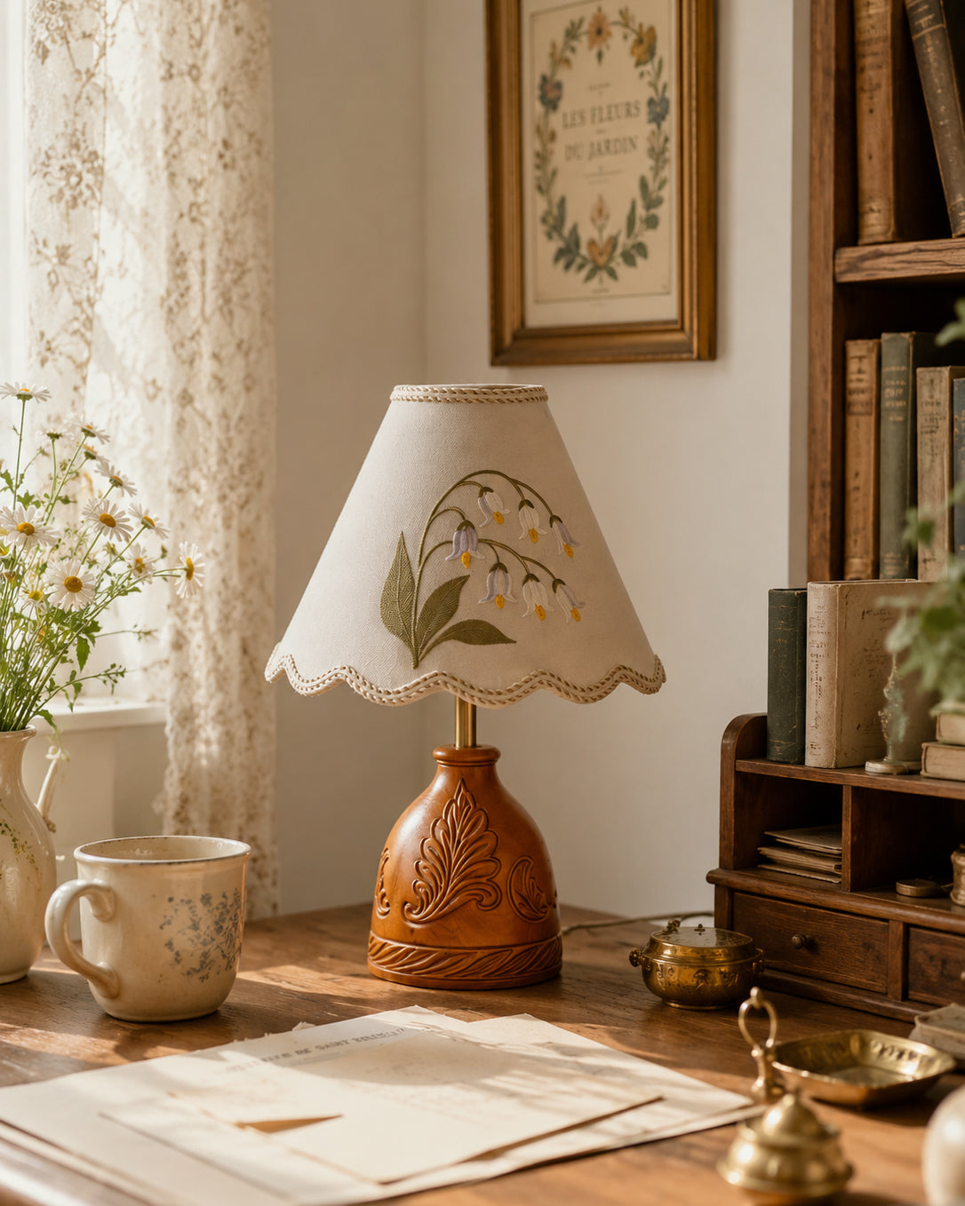 Top-down view of the conical fabric shade showing the floral embroidery.