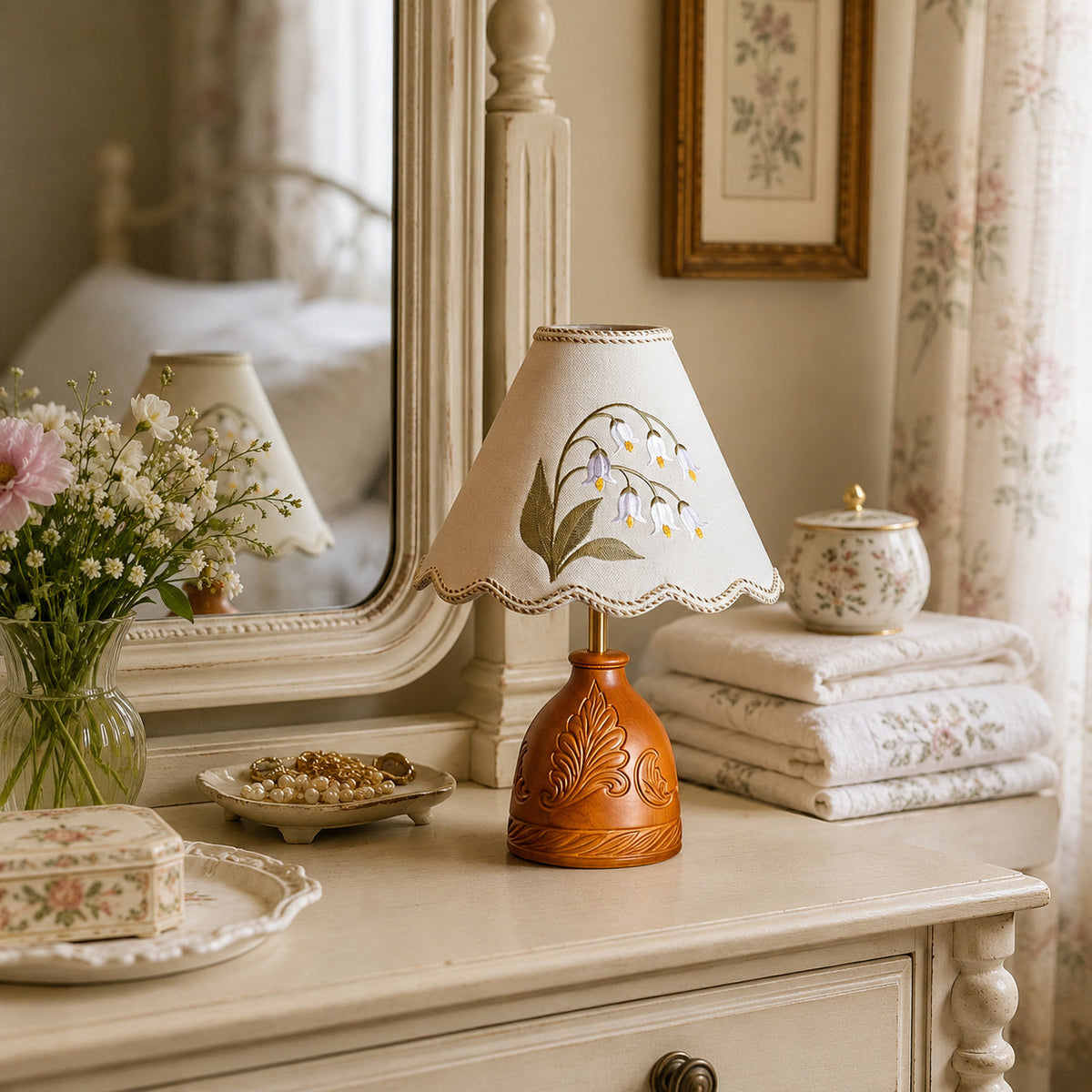 The lamp illuminating a cozy living room corner.