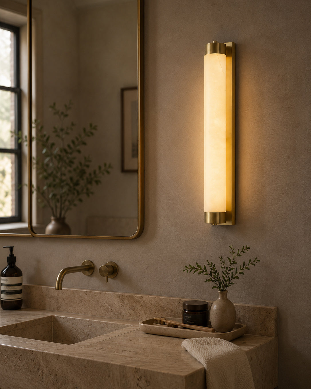 A pair of Langham sconces installed vertically in a modern hallway.