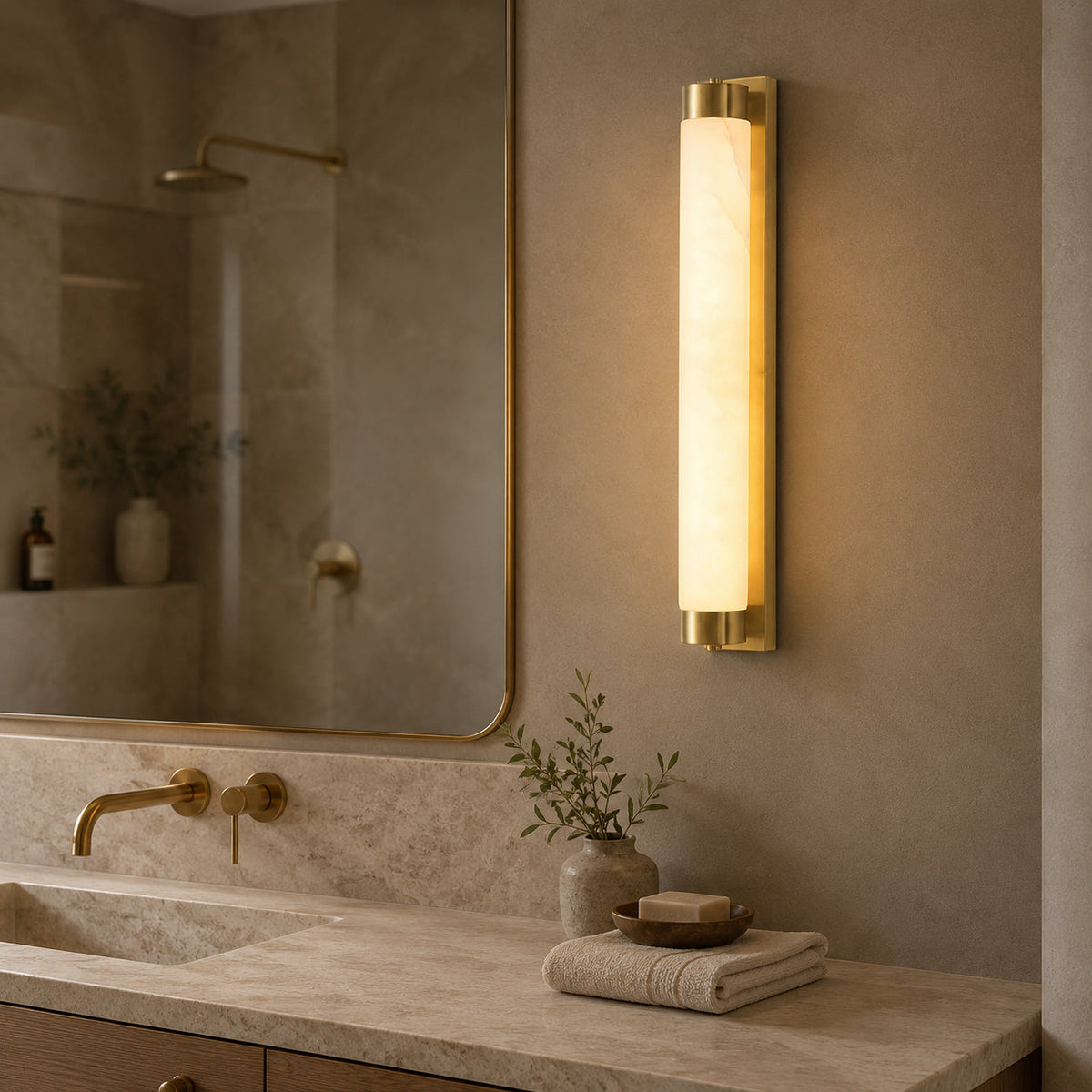 Close-up of the Langham sconce showing the natural veining of the alabaster stone.