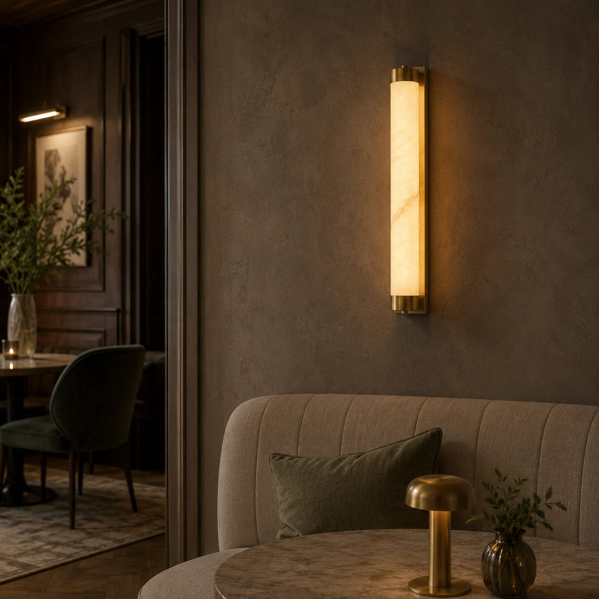 Product dimensions displayed for the Langham Alabaster Wall Sconce.