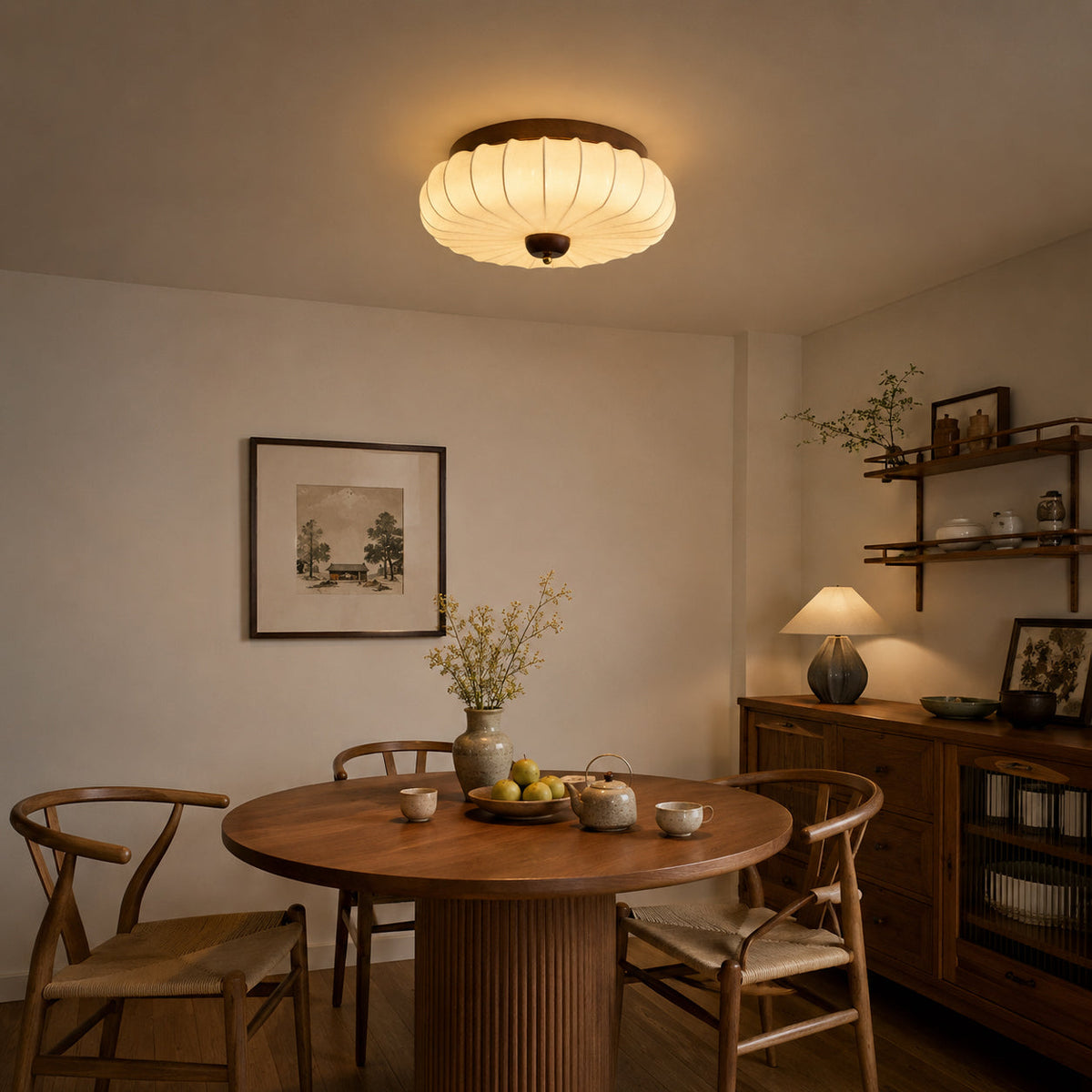 Tate Flush Mount shown in a mid-century modern bedroom.