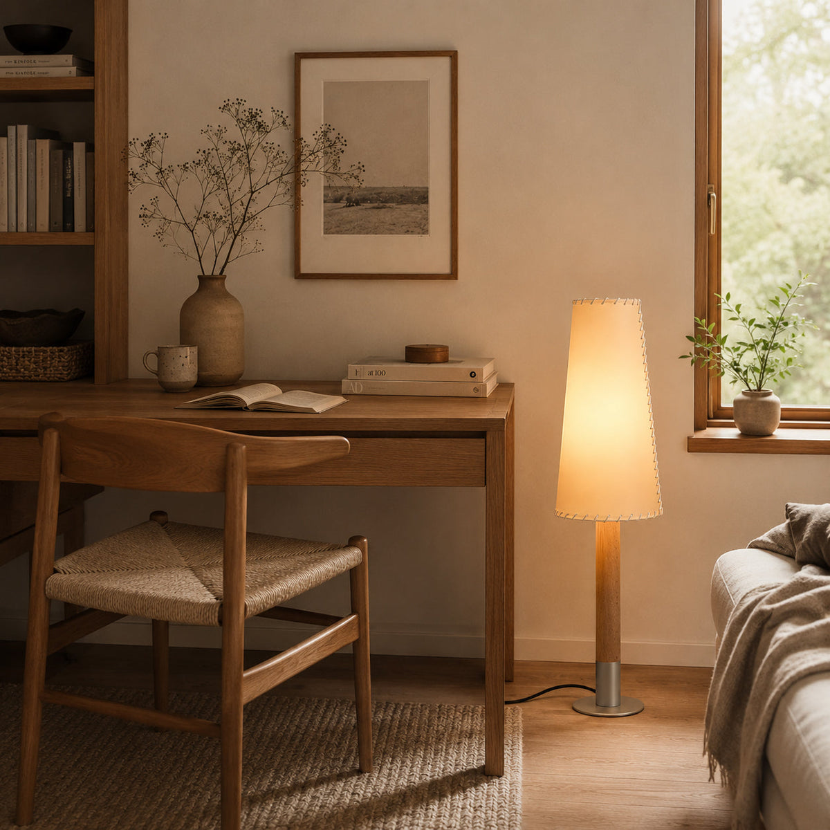 Kove Parchment Floor Lamp styled in a minimalist entryway.