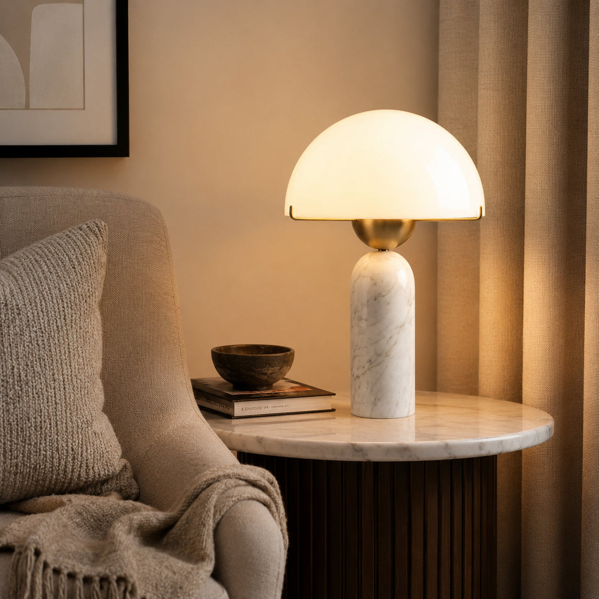 Milano Marble Table Lamp displayed on a living room side table.