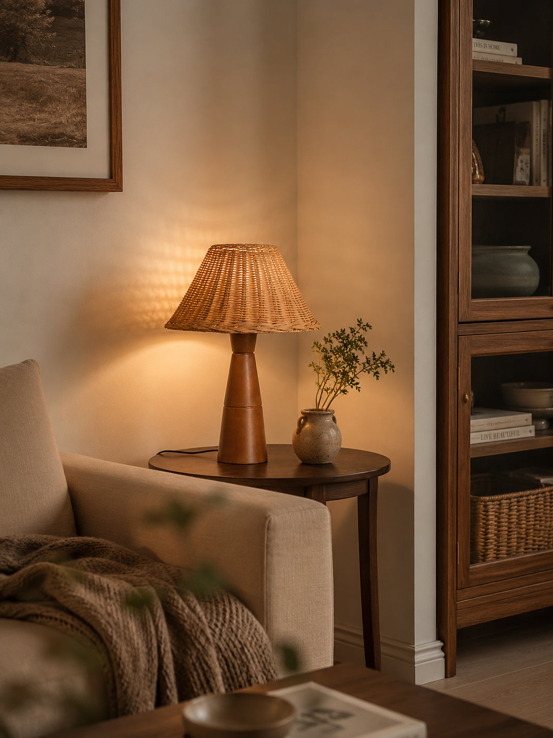 Zaya Table Lamp with the light turned on, showing a warm glow through the rattan.