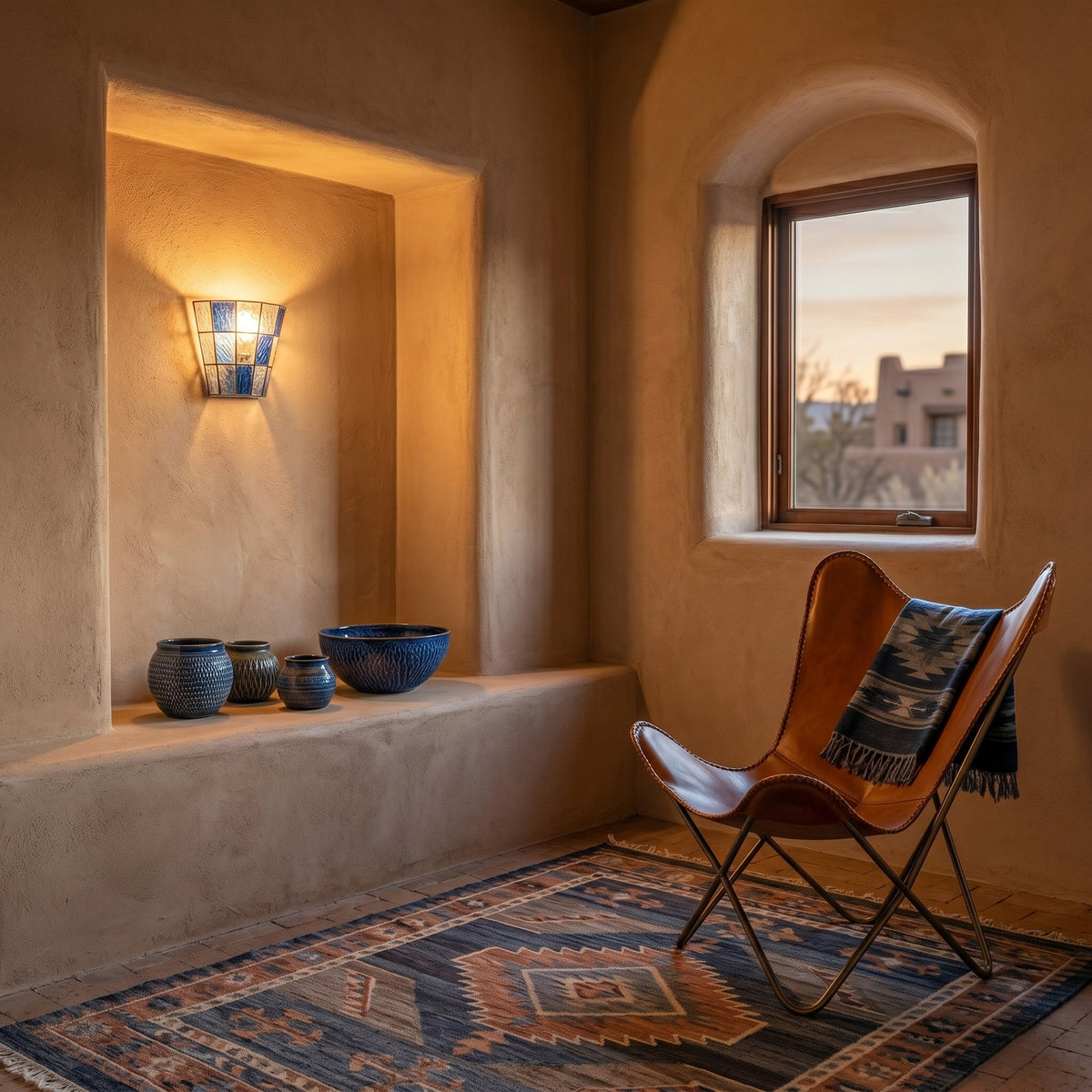The Zola Glass Sconce lit, casting a warm glow in a room.