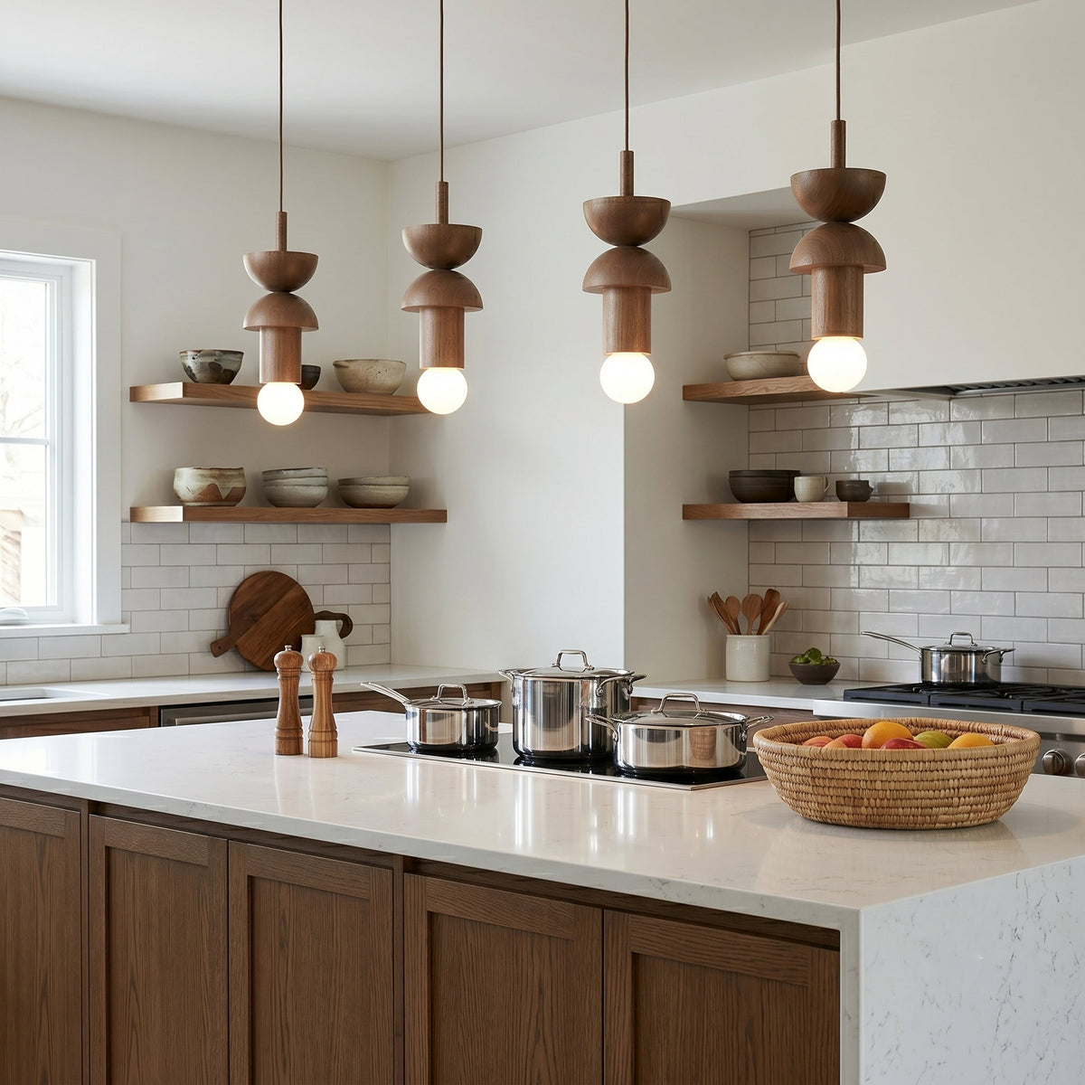 Vanya pendant light hanging over a modern kitchen island.