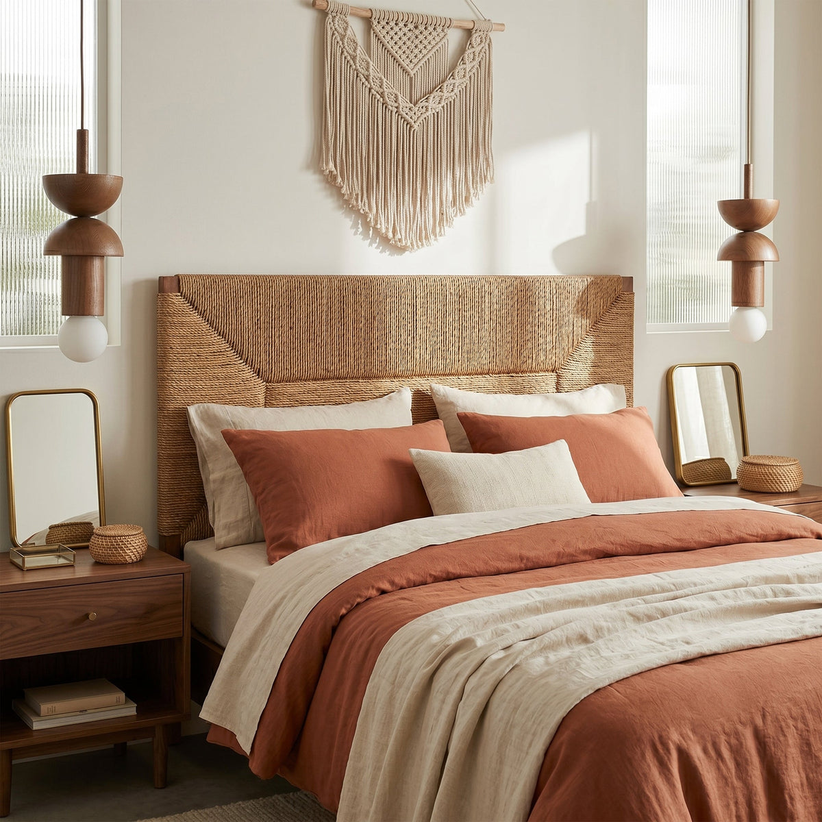 Vanya pendant used as a stylish bedside light in a Japandi-style bedroom.
