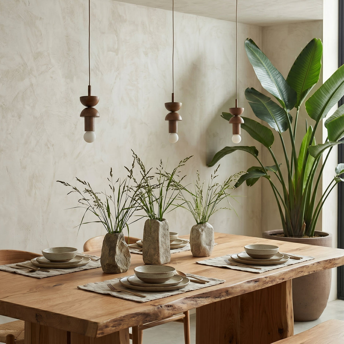 A series of Vanya pendant lights illuminating a long dining table.