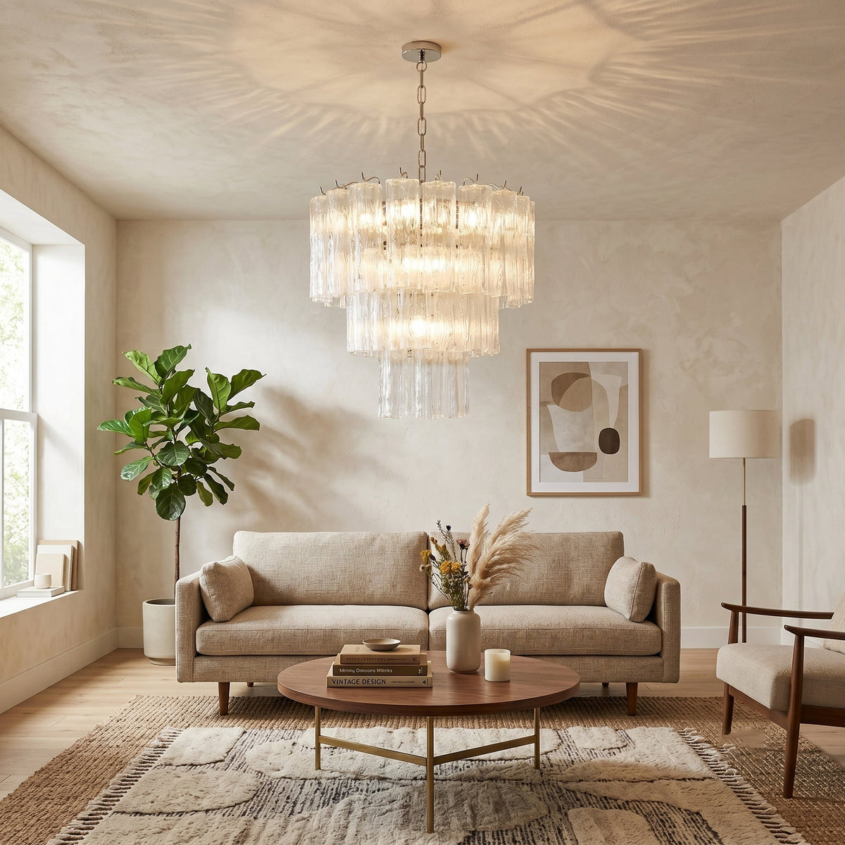 Rhodes Chandelier illuminated, showing its refractive light pattern.