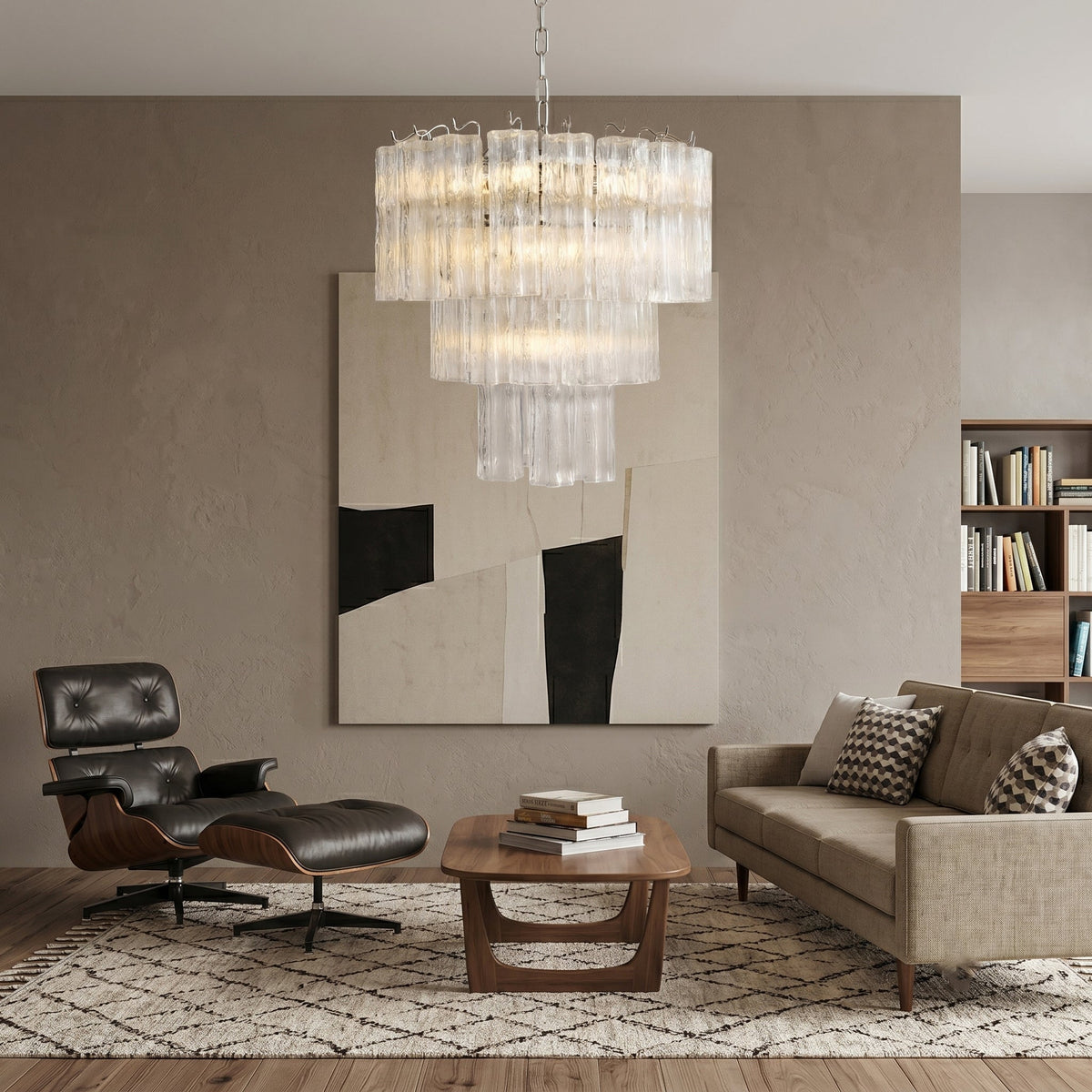 The Rhodes Chandelier in a vibrant blue glass finish.