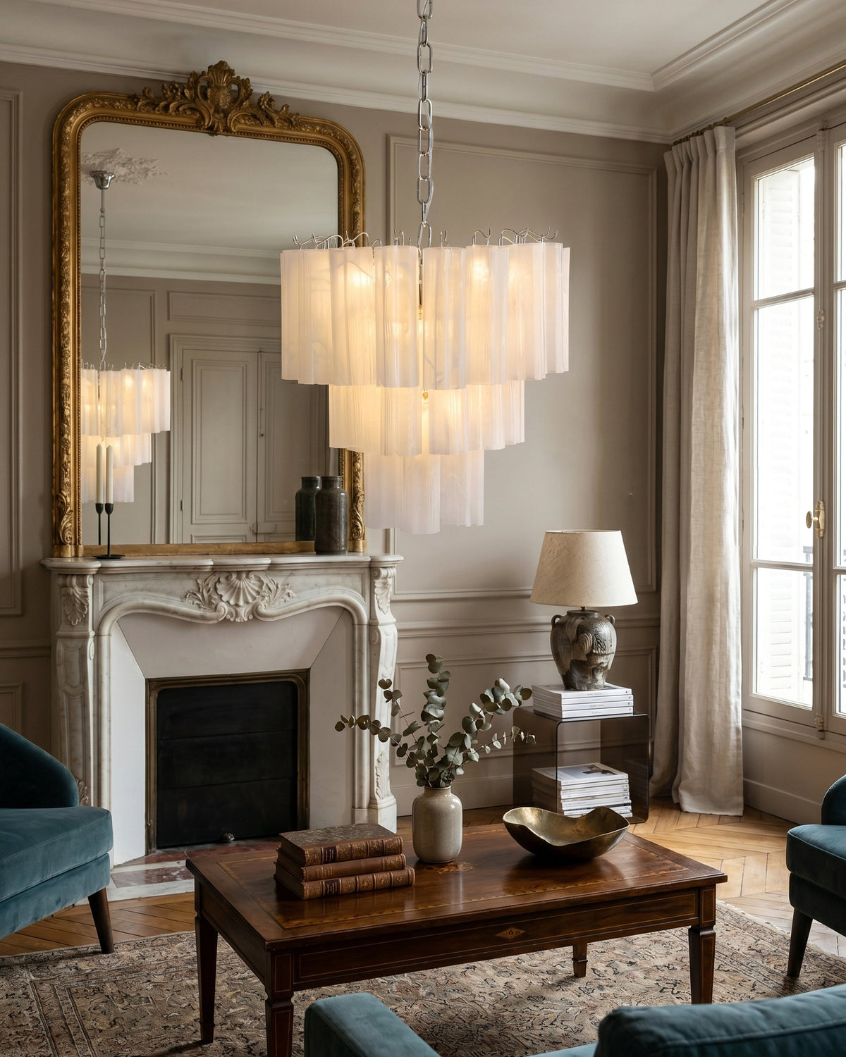 The Rhodes Chandelier in an elegant white glass finish.