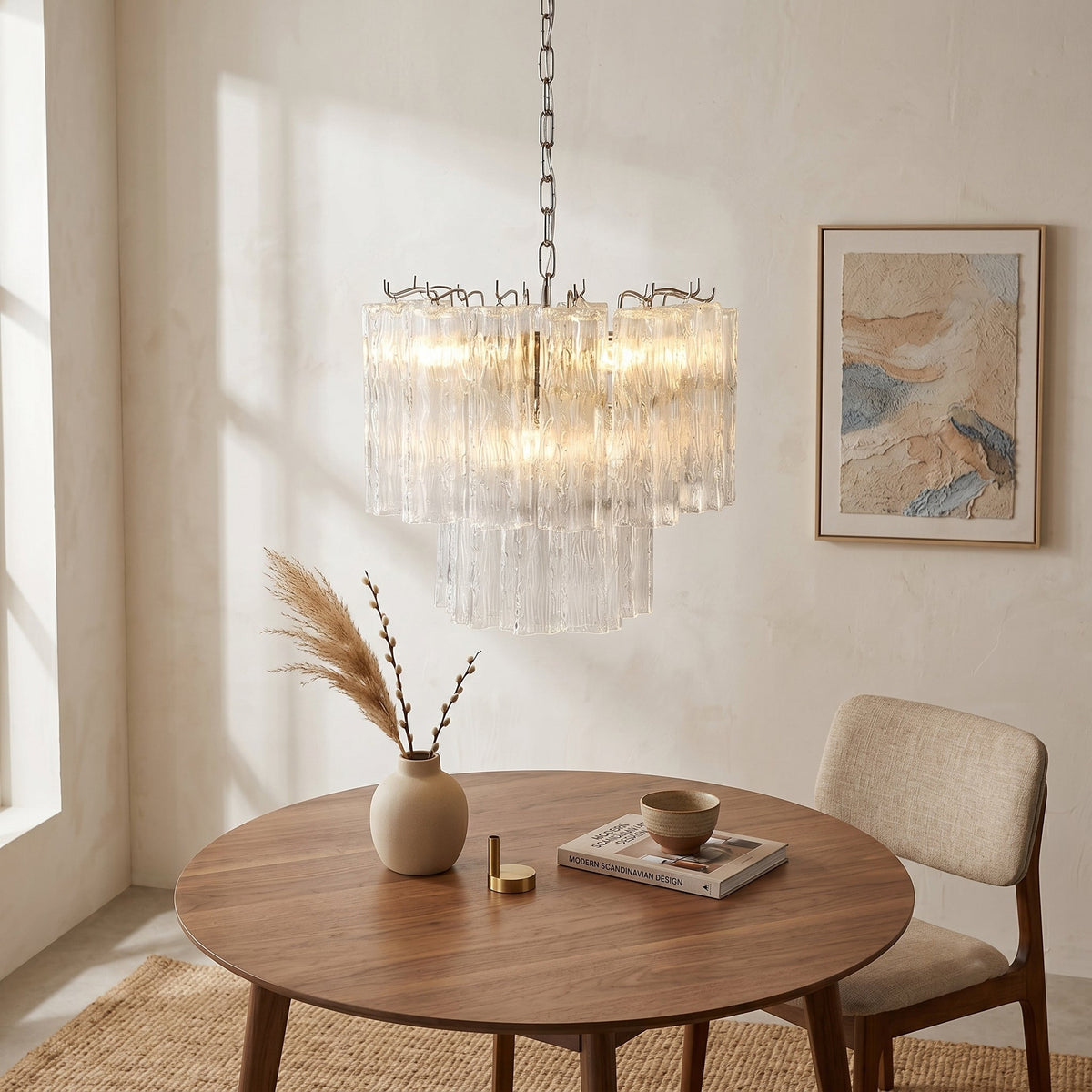 Detail shot of the clear glass option for the Rhodes Chandelier.