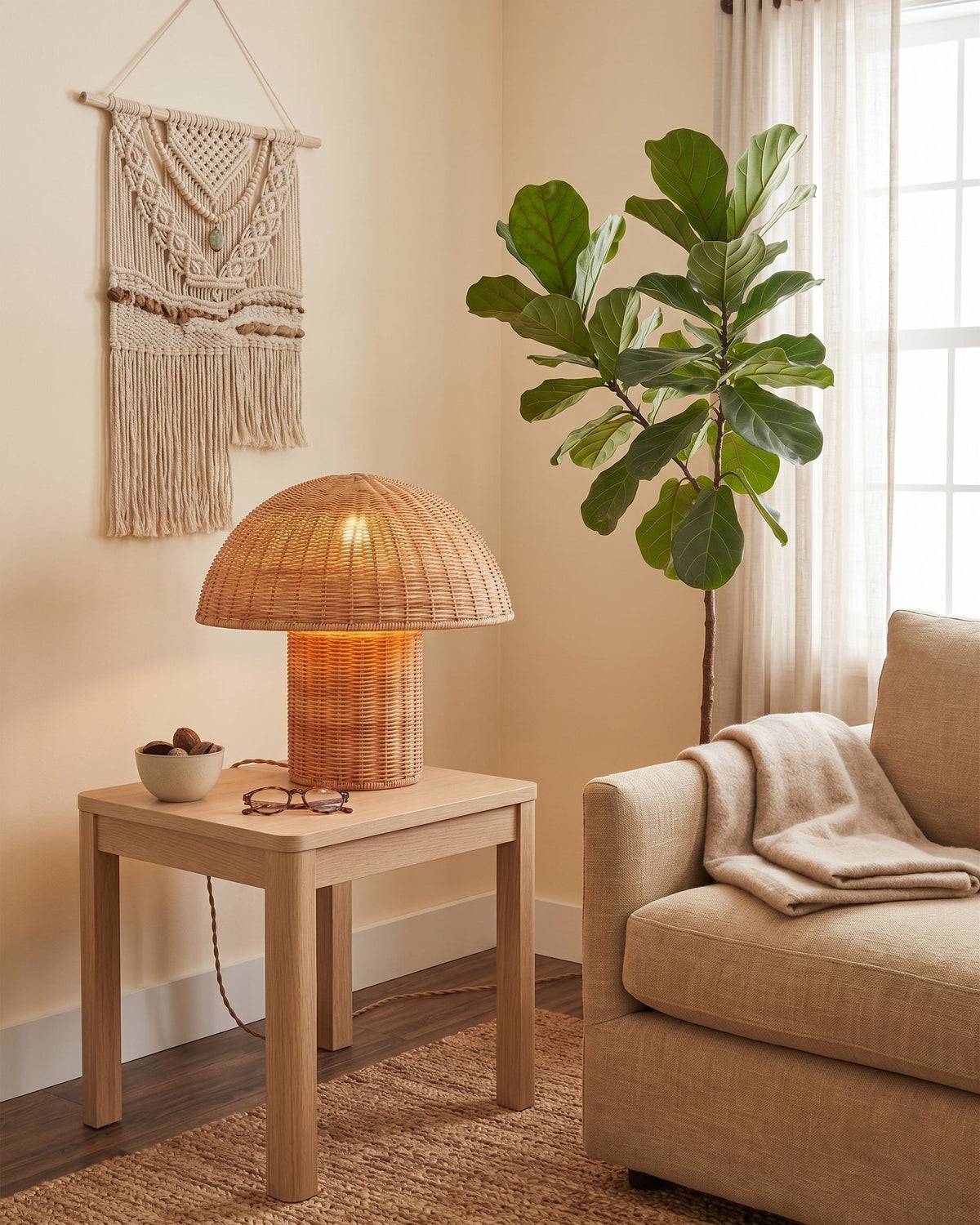 Aero Rattan Mushroom Table Lamp placed on a bedroom nightstand.
