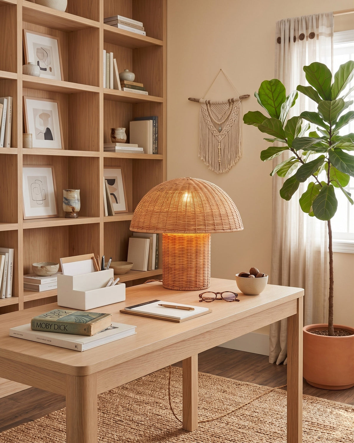 Side profile of the Aero Rattan Mushroom Table Lamp, showing its gold metal base.