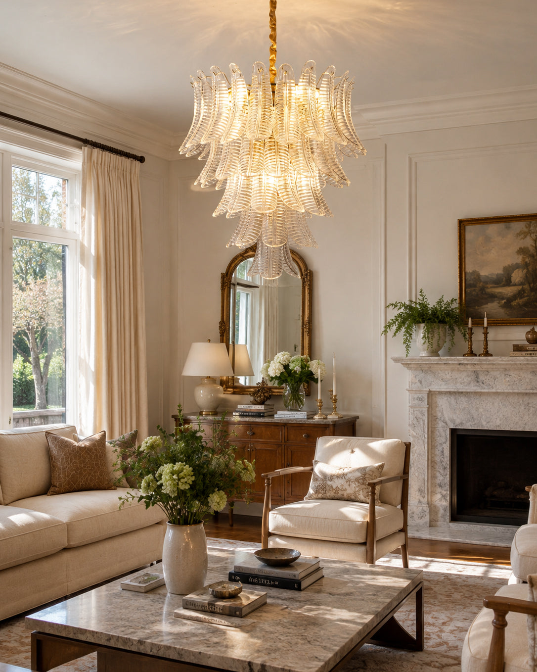 Close-up of the textured amber glass leaves on the Isolde Chandelier.