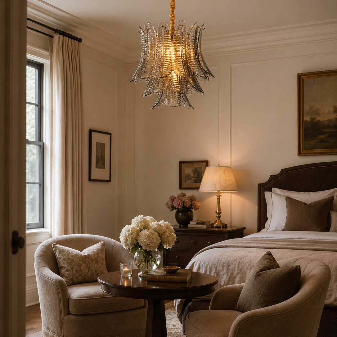 Angled view of the Isolde Chandelier, highlighting its dramatic silhouette.
