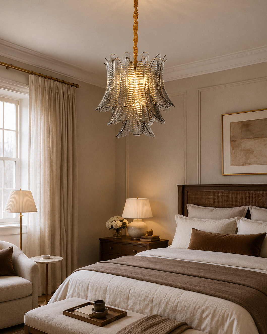 The Isolde Chandelier in a sophisticated smoke gray glass finish.
