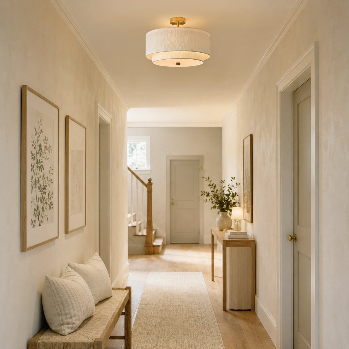 Angled shot of the Elodie semi-flush mount against a plain wall.