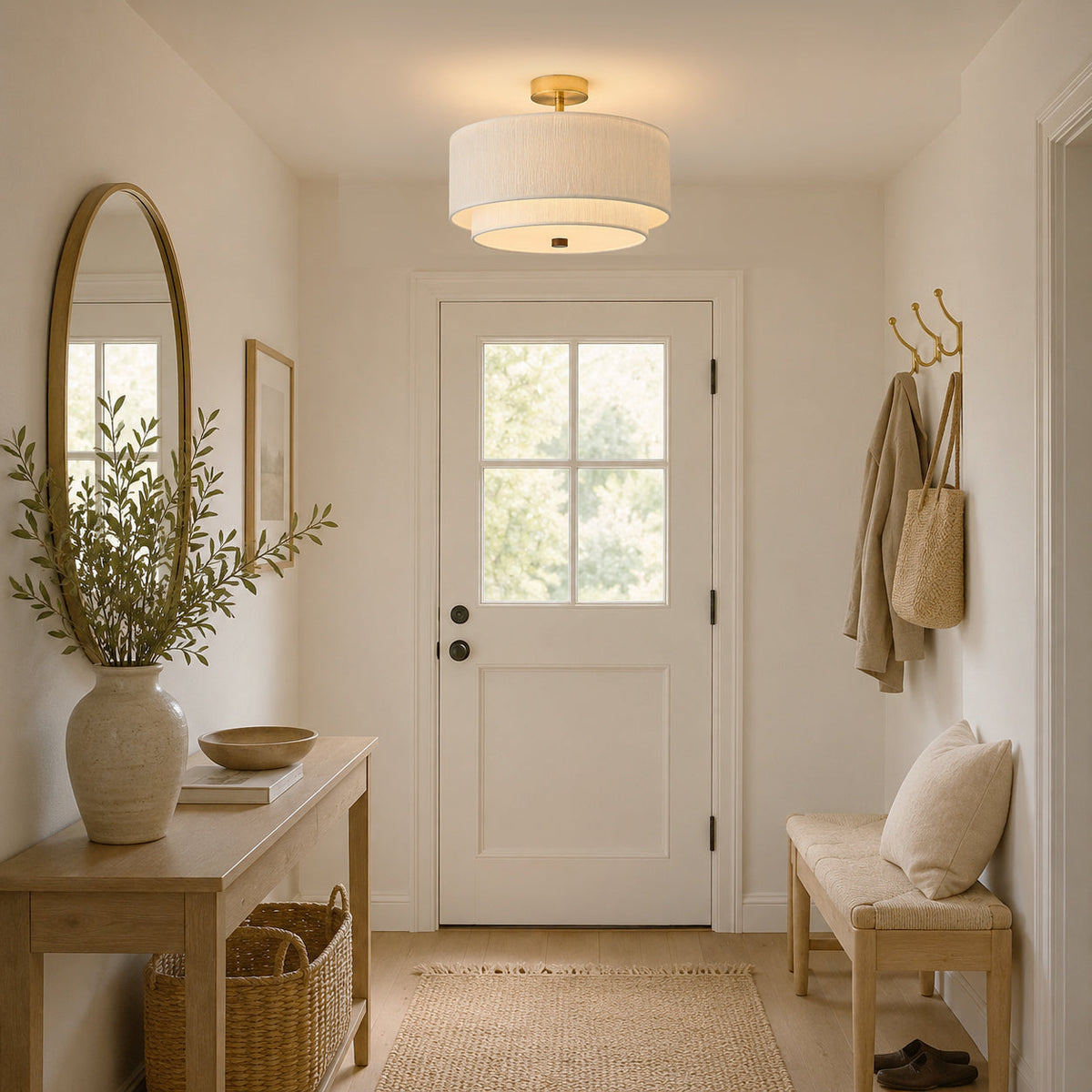 Close-up view of the Elodie light's textured crinkle-paper shade and wood finial.