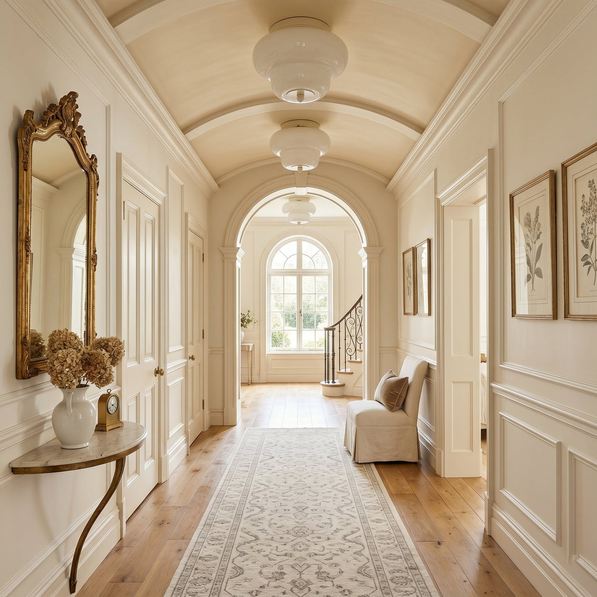 Milo Ceiling Mount in a beige finish, front view.