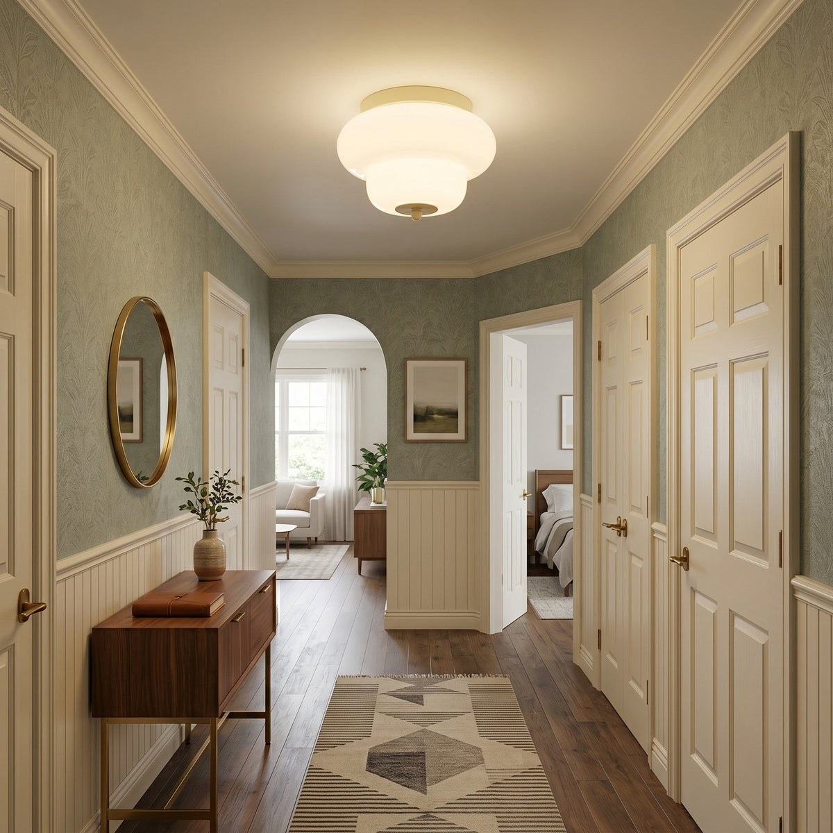 The Milo Ceiling Mount installed in a modern hallway.