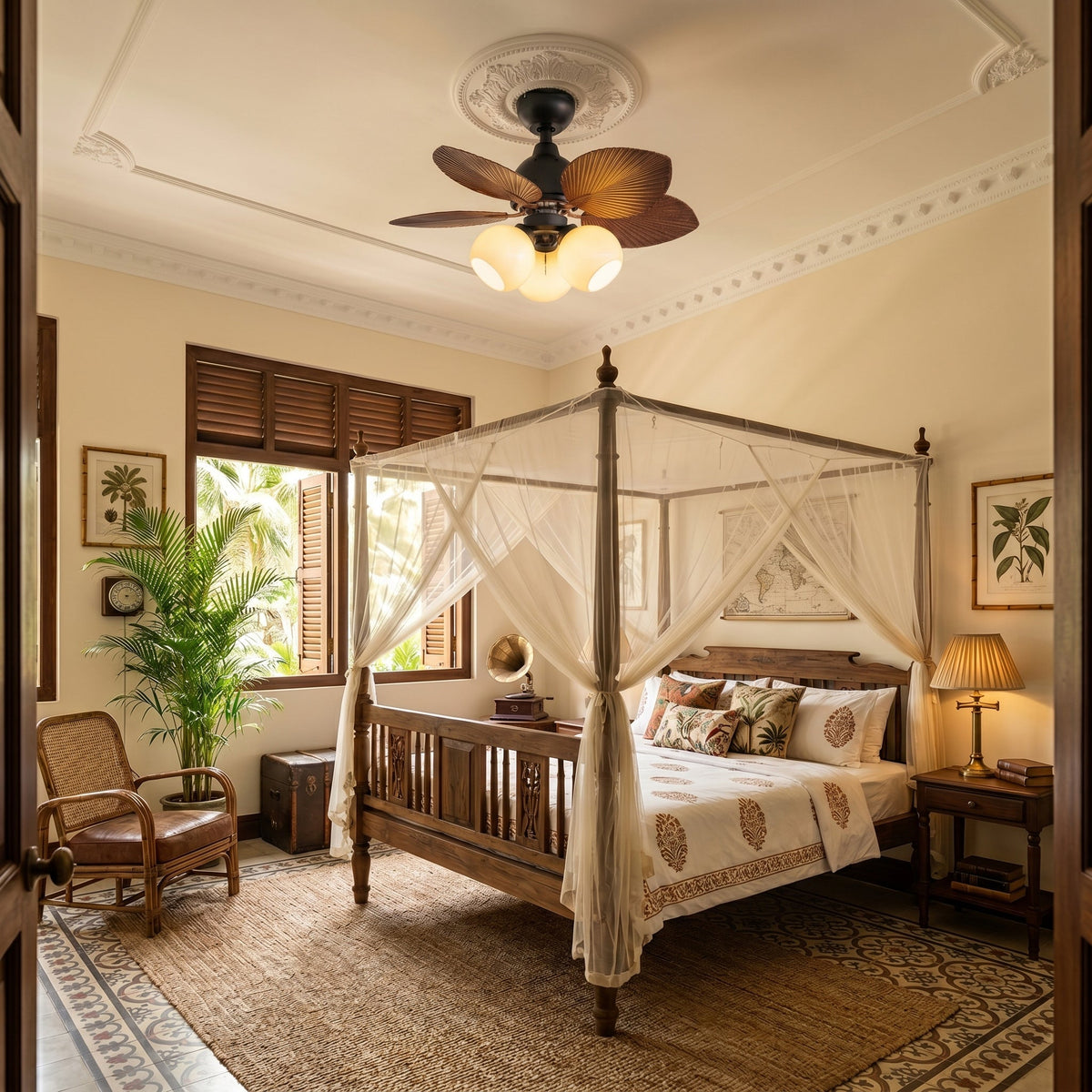 Angled view of the Belize Ceiling Fan Light in a dark walnut finish.