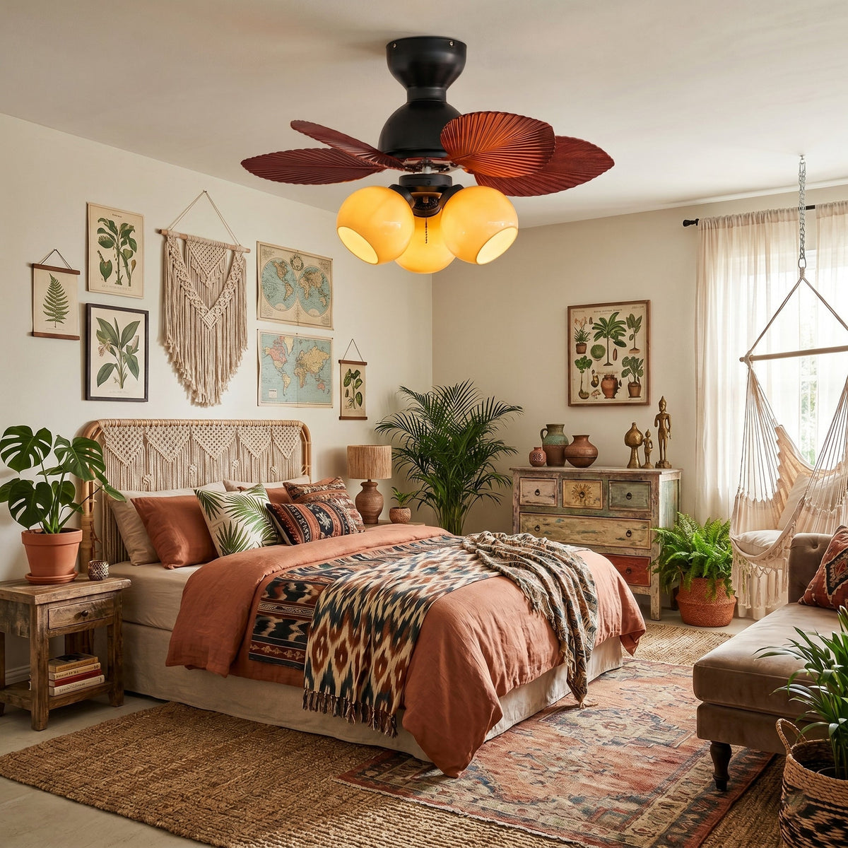 Belize Ceiling Fan Light with five leaf-shaped blades, viewed from below.