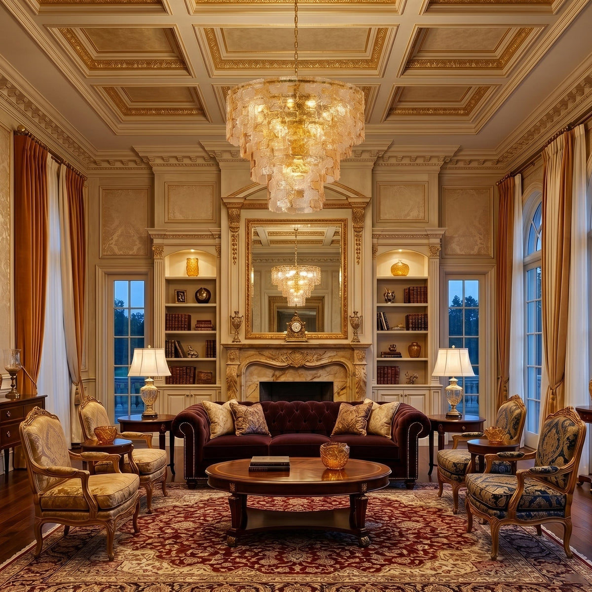 The medium 65cm Jigsaw Glass Chandelier above a formal dining table.