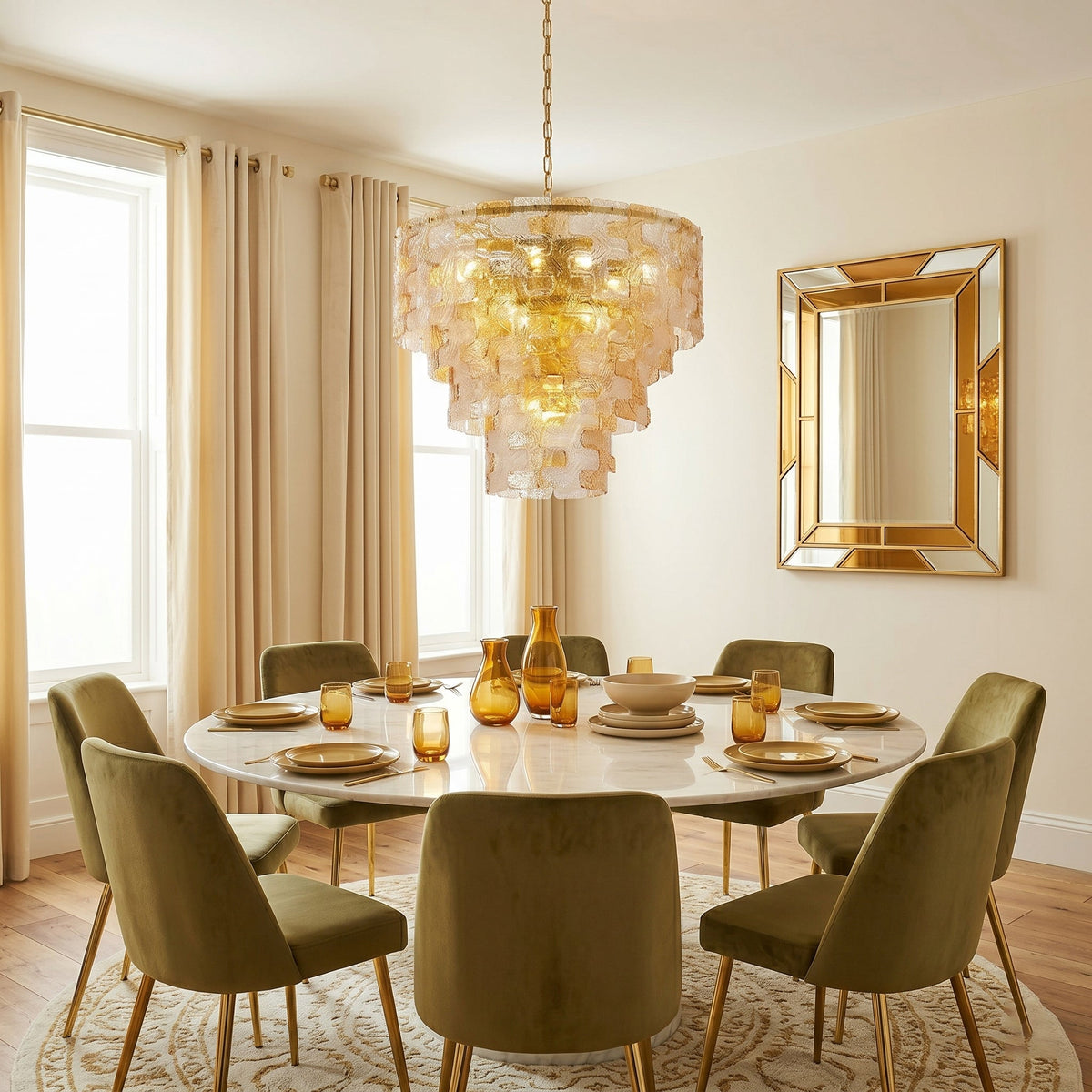 The small 50cm Jigsaw Glass Chandelier shown in a bedroom setting.