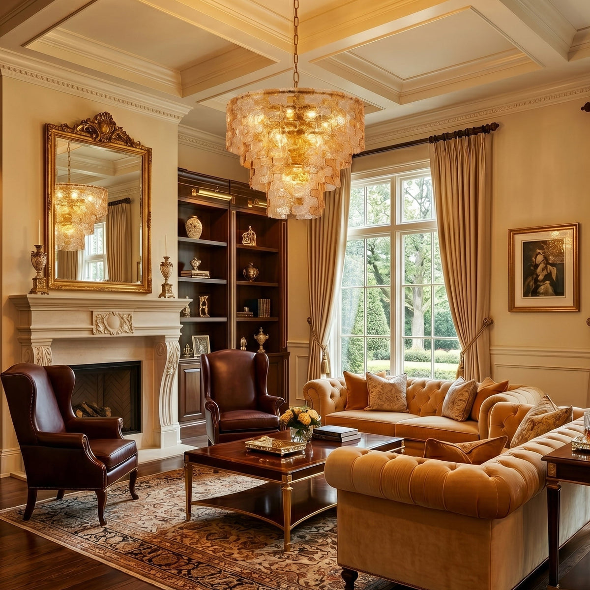 The Jigsaw Glass Chandelier hanging in a high-ceiling living room.