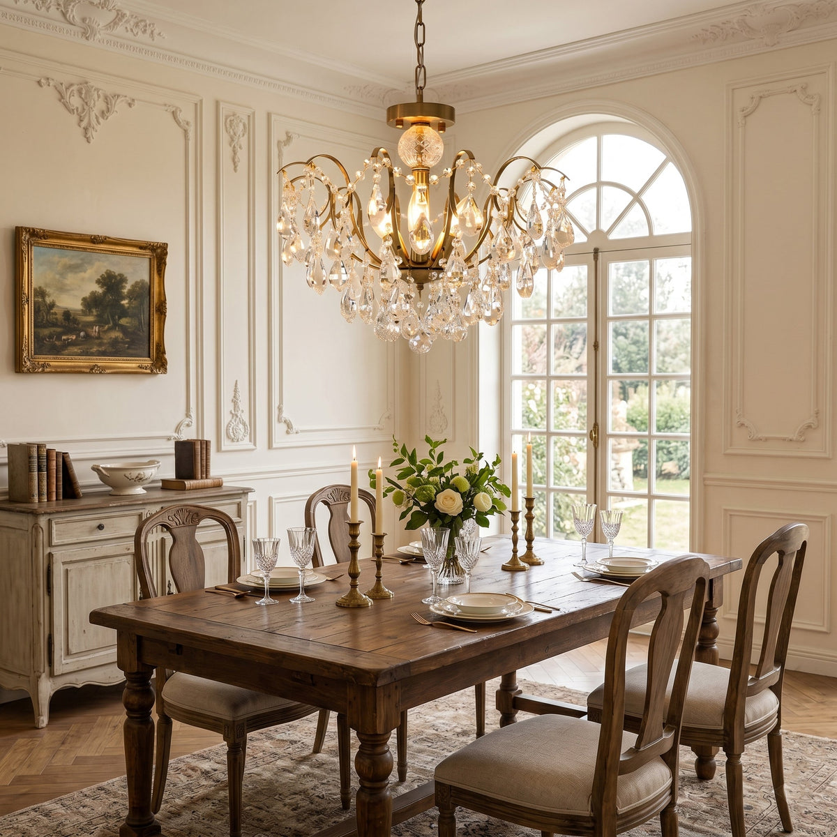The Colette Chandelier hanging in a bedroom, creating a boutique feel.