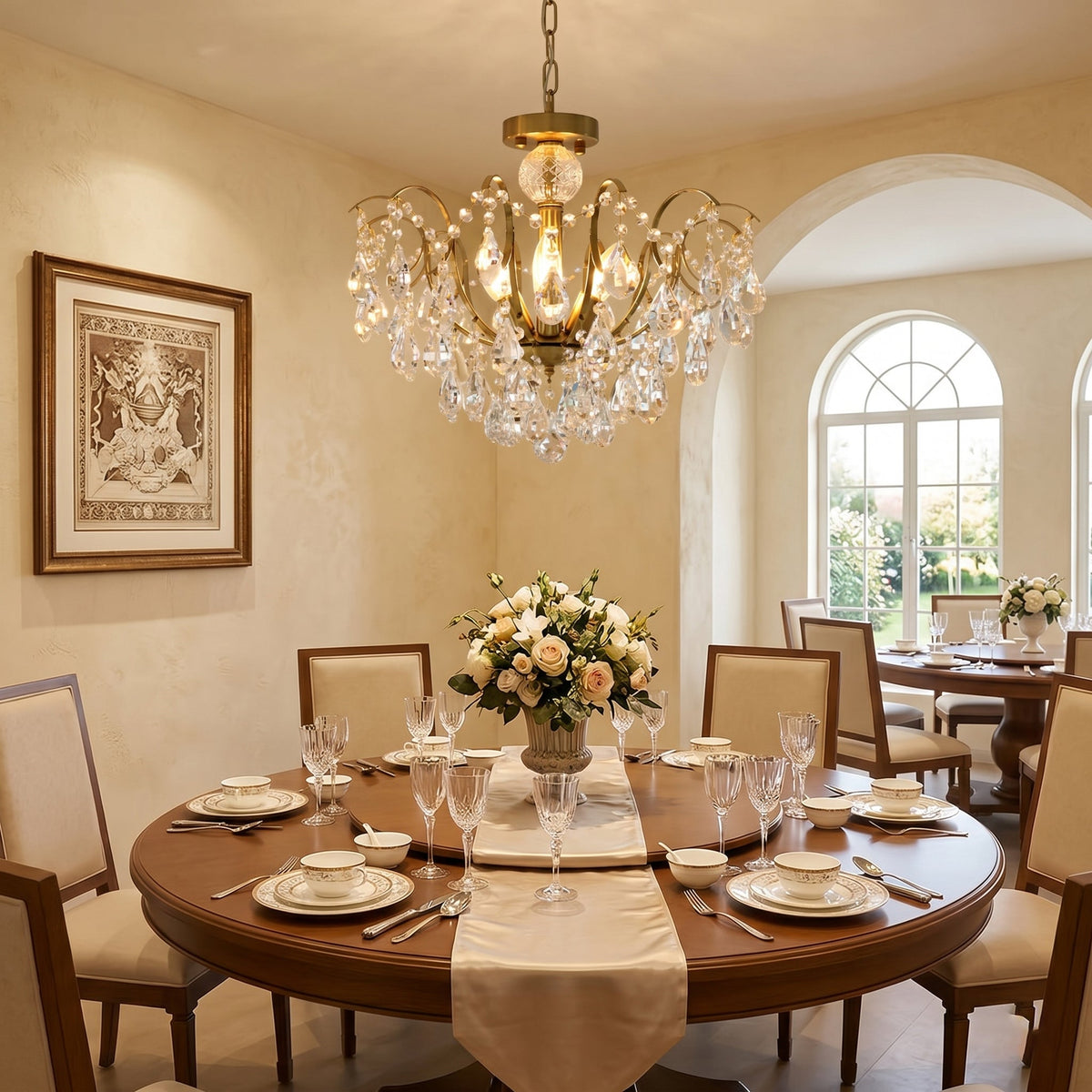 The Colette Chandelier illuminated in a modern dining room.