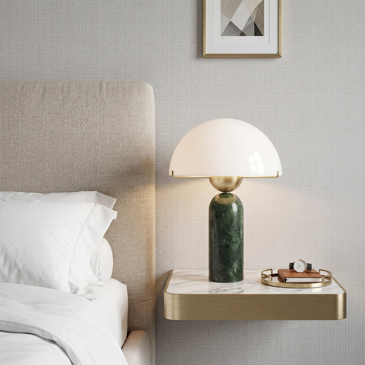 The lamp on a dark-colored table to create a high-contrast look.