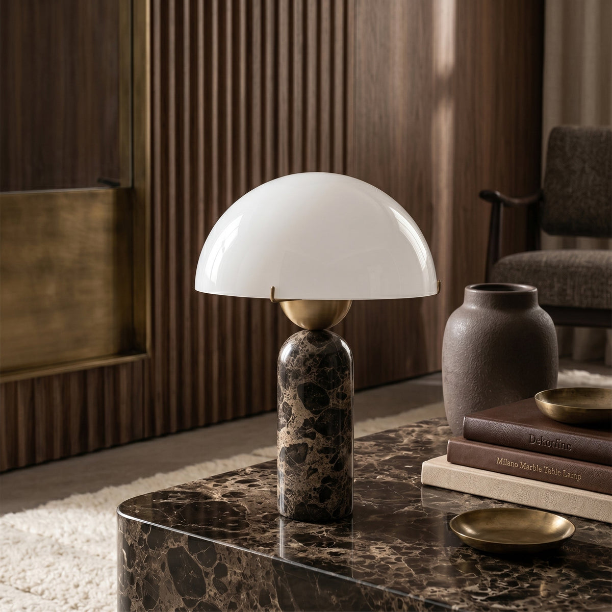 Close-up of the unique brown and white marble base of the Milano lamp.