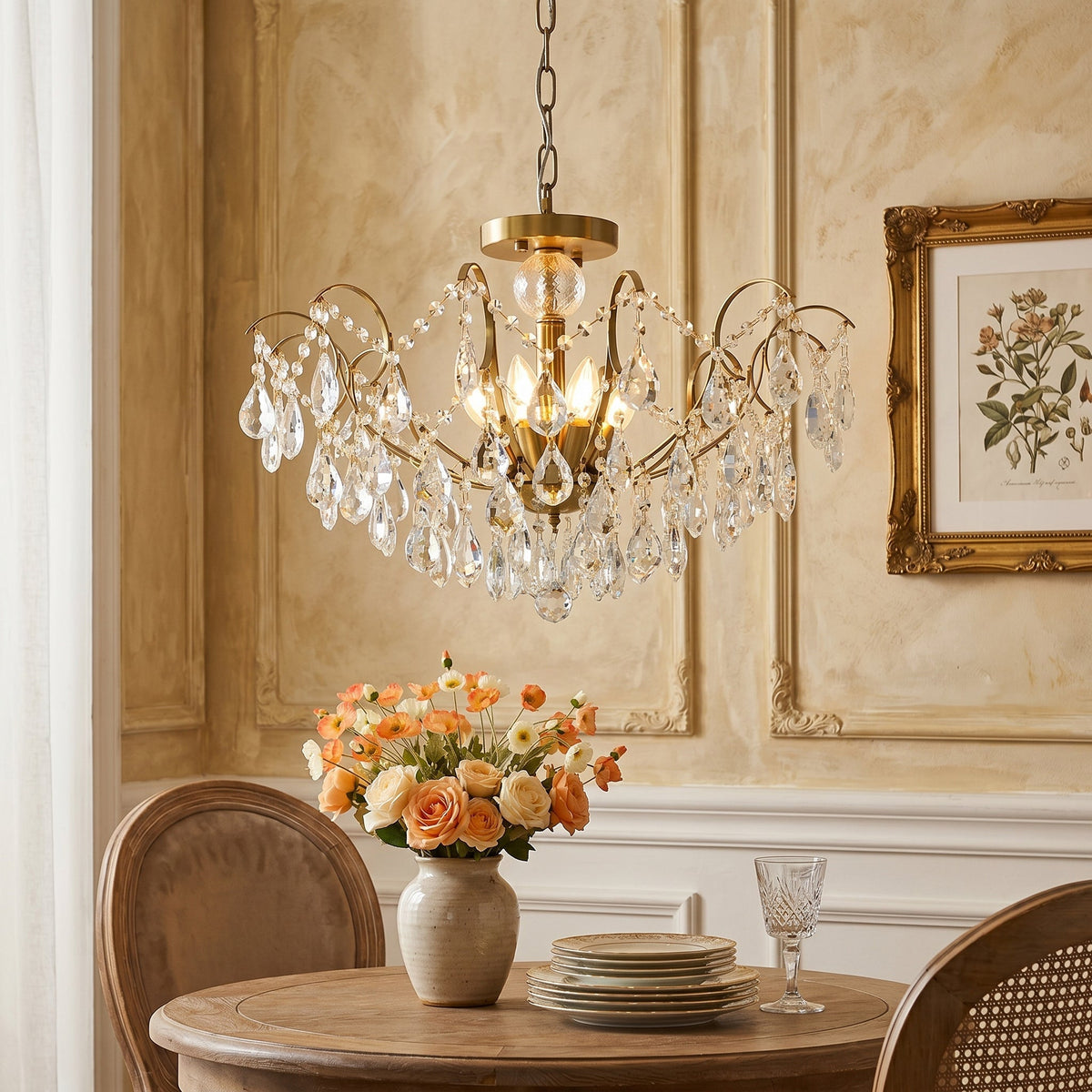 Close-up of the faceted crystal prisms on the Colette Chandelier.