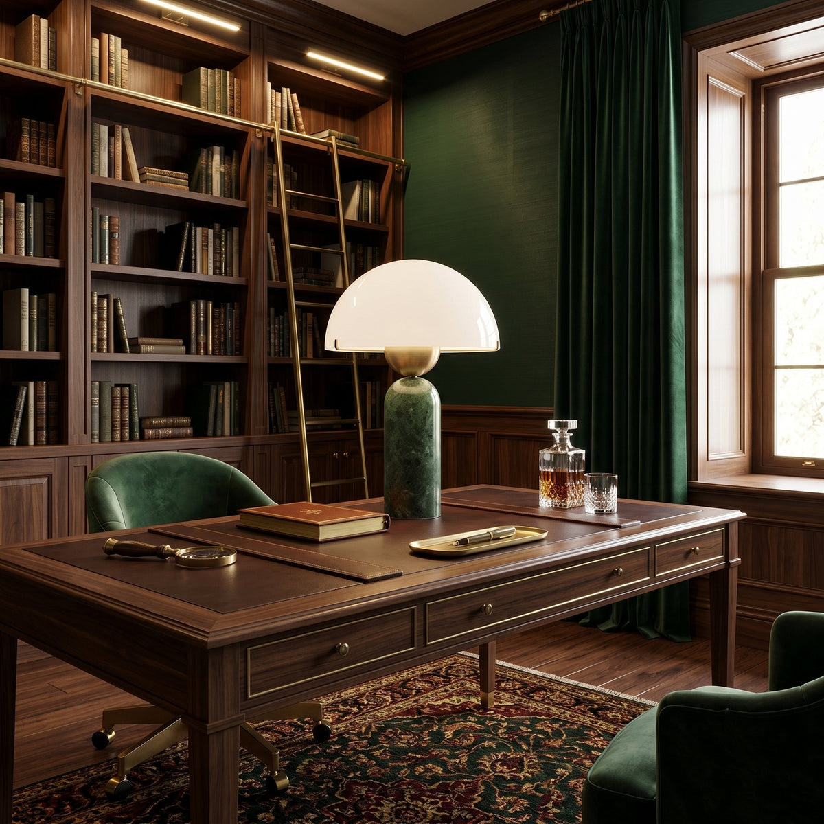 The lamp as a statement piece on a dark wood sideboard.