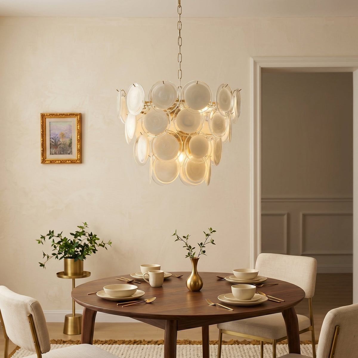 Gropius pendant light illuminated, casting a soft glow.