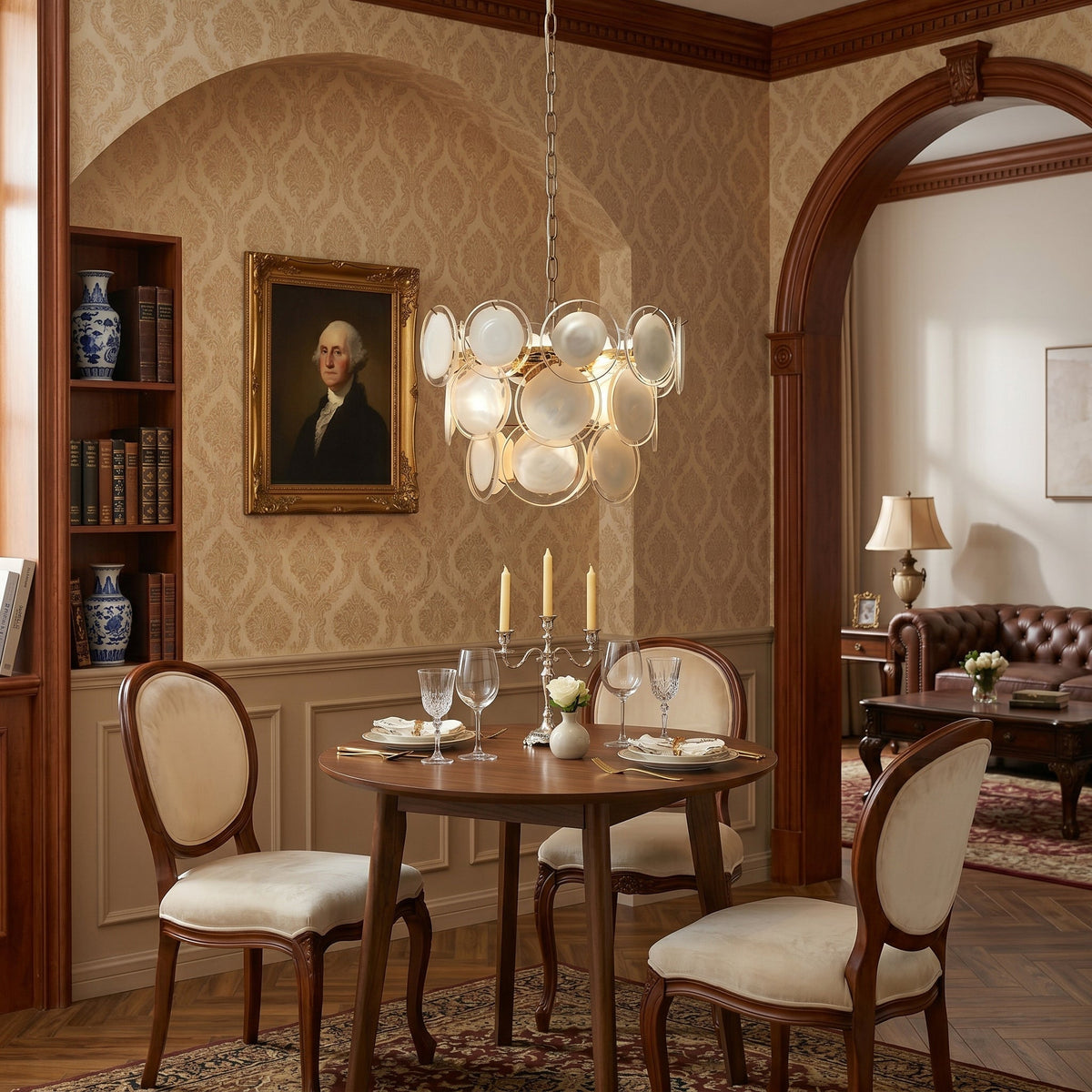 The pendant light shown from a low angle, highlighting its structure.