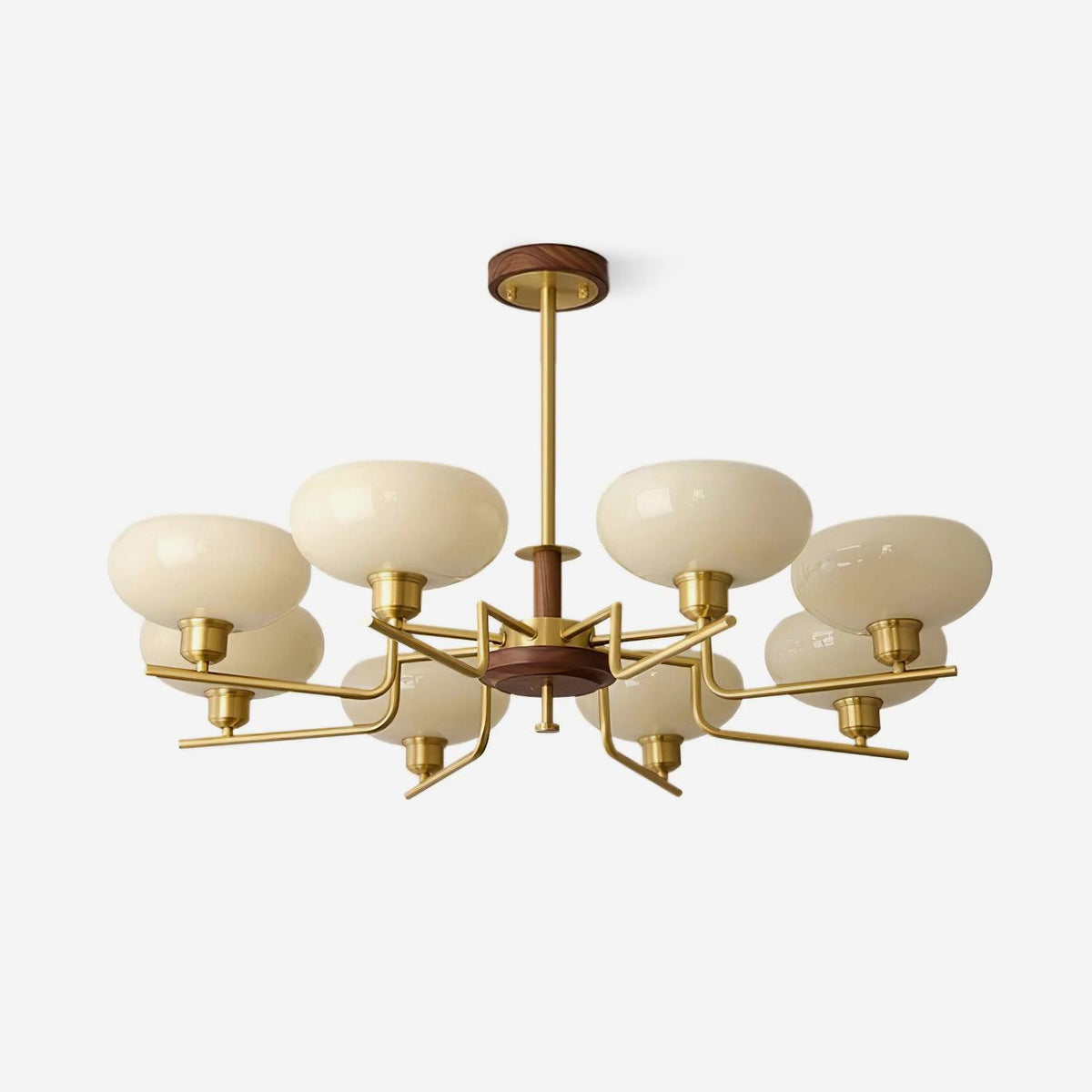 Chandelier Wood & Brass Frame Glass Shades Medieval Ambience-Neutral Decor
