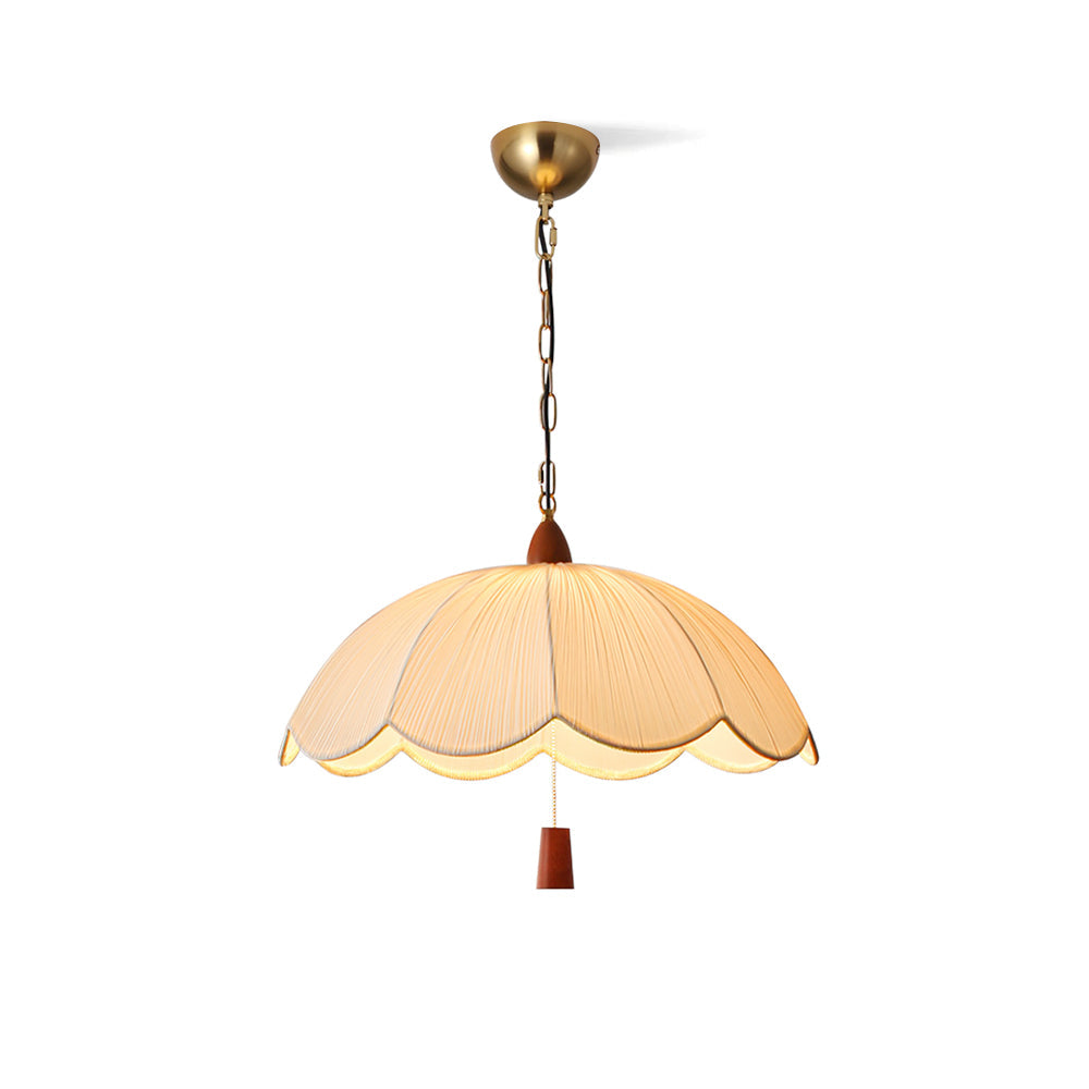 Dawson Pendant Light with a scalloped white fabric shade and wood accent.