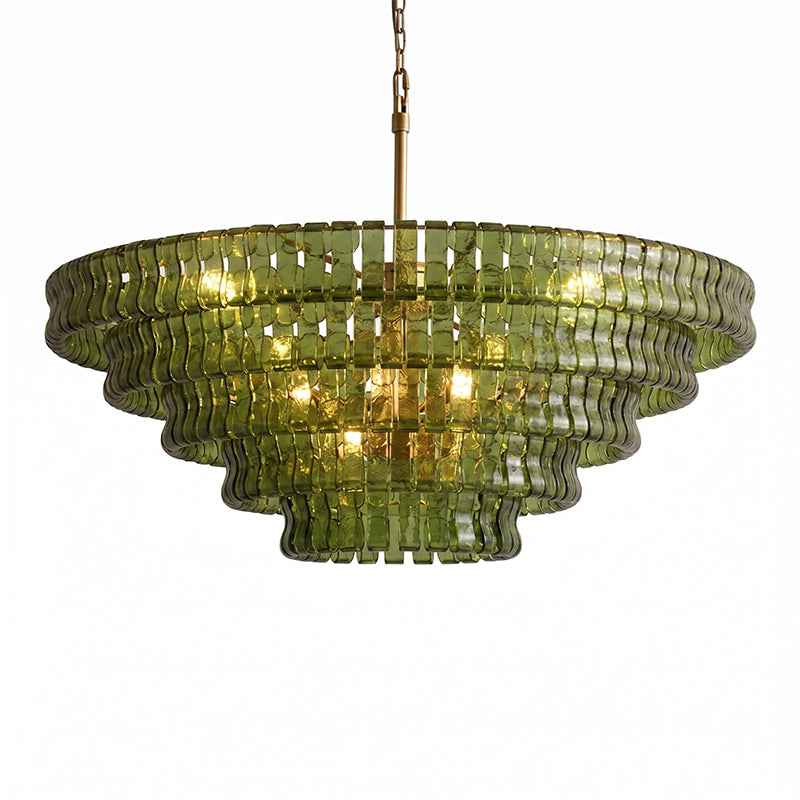 The Ghiaccio Chandelier in Amber finish, detail of the glass texture.
