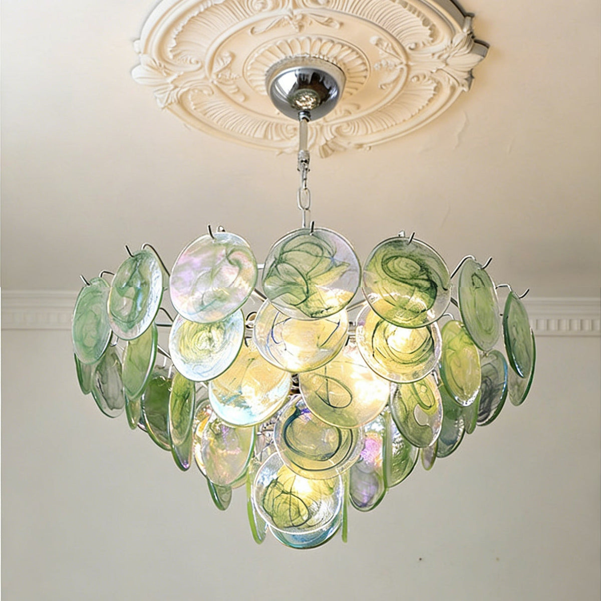 View from below the Brette Disk Glass Chandelier.