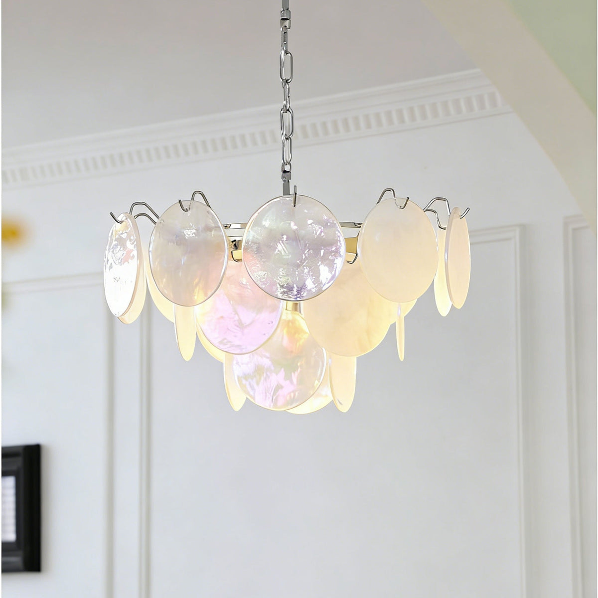 Brette waterfall chandelier with polished chrome chain.