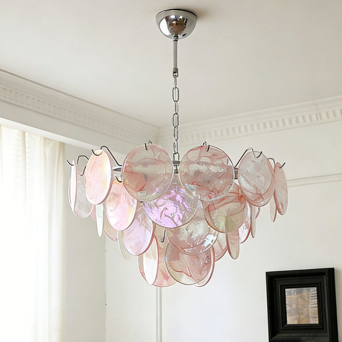 The Brette chandelier shown with pink iridescent glass disks.