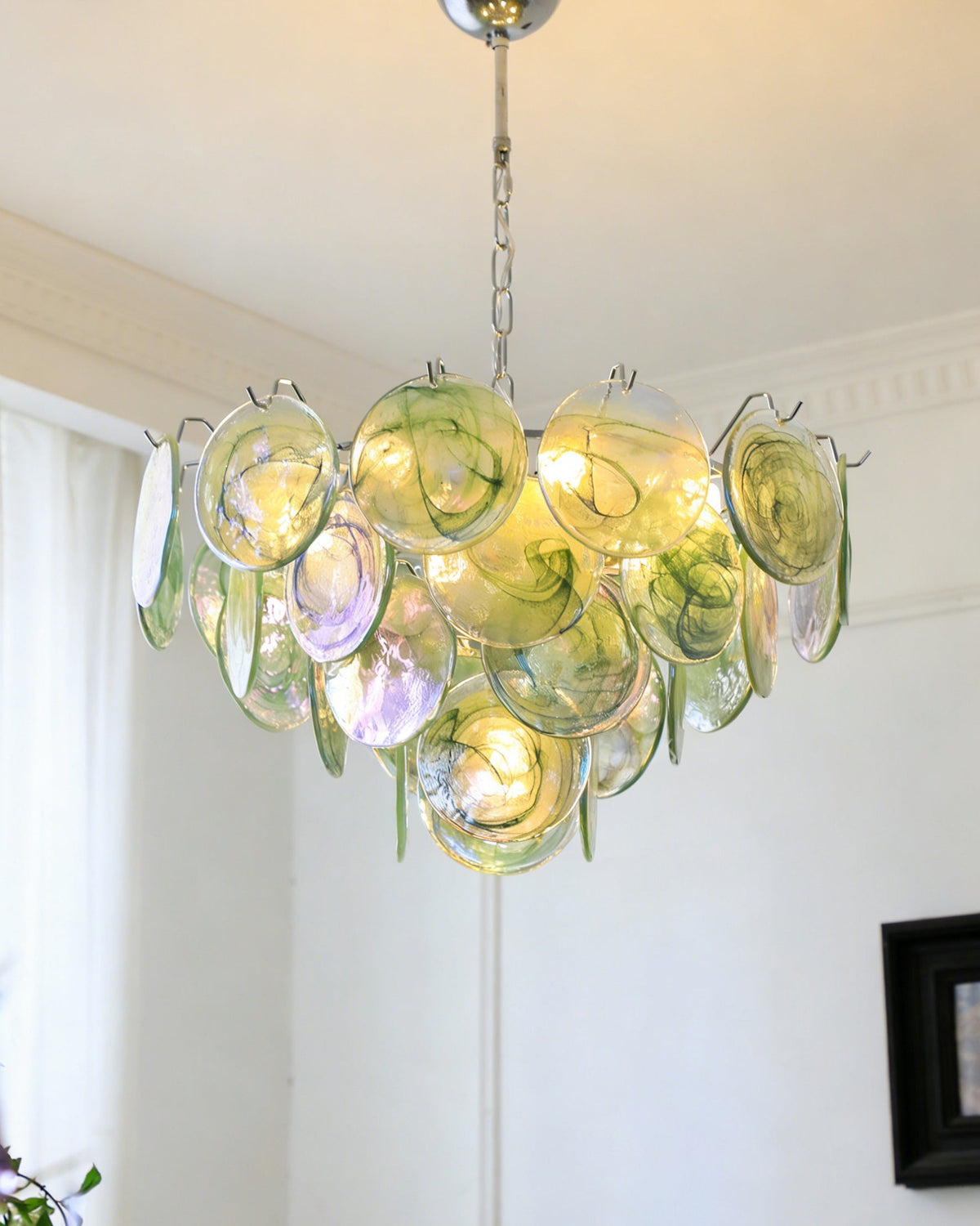 Side profile of the multi-tiered waterfall glass chandelier.