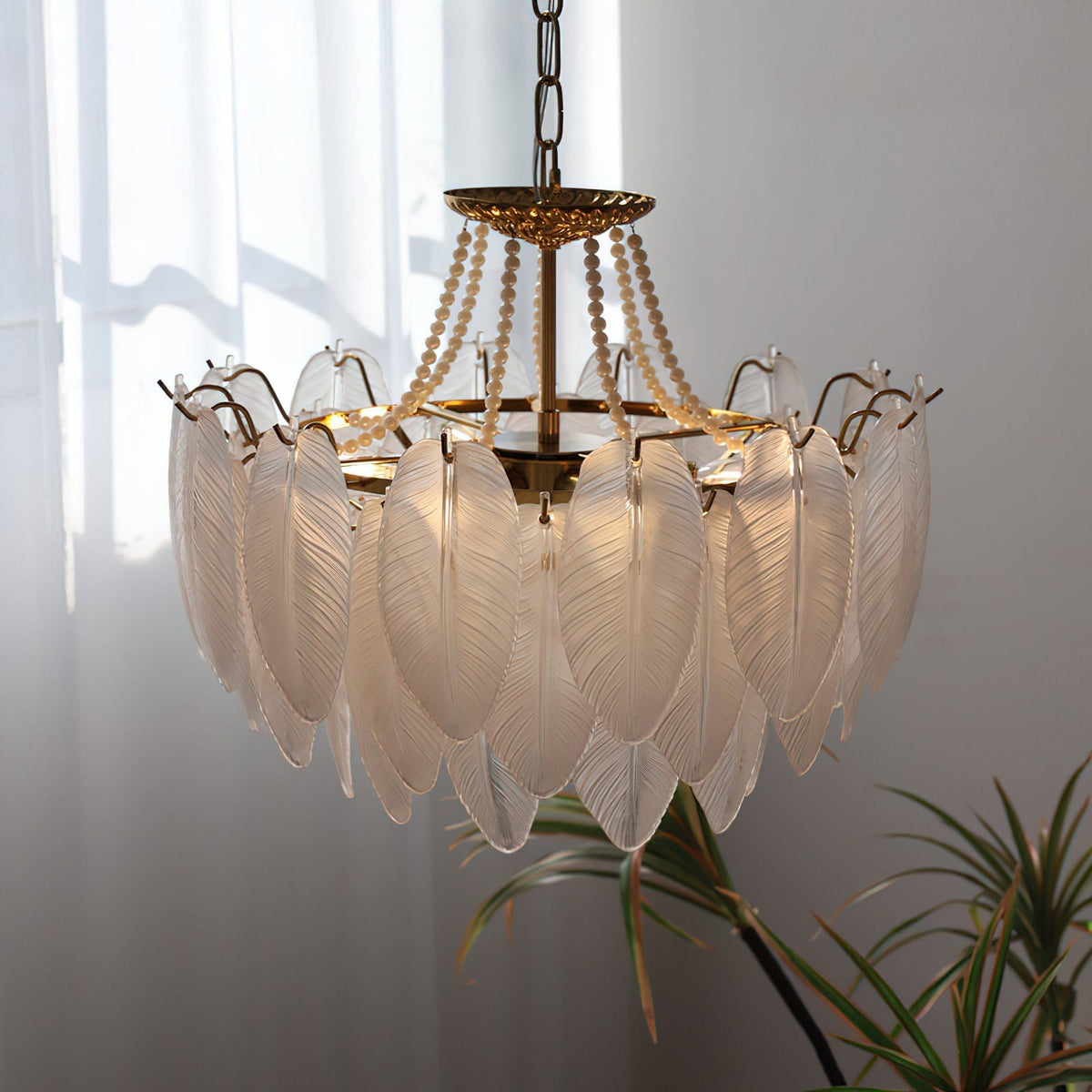 Full product view of the Antheia Feathered Glass Chandelier.