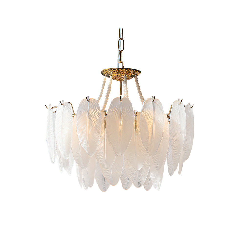 Antheia Feathered Glass Chandelier with a gold frame and white glass feathers.